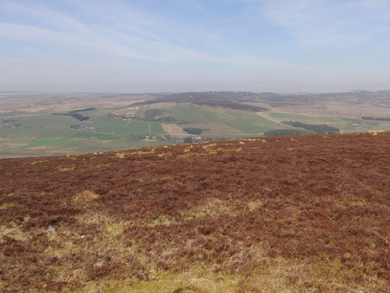 The Medwin valley looking south with farm buildings, green fields, and hills rising behind