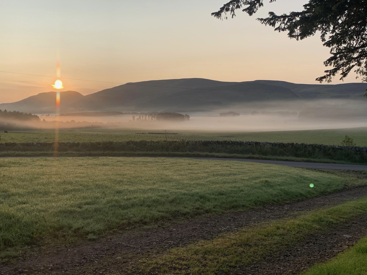 Sunrise over the South Medwin valley with mist lying in the fields and a hill silhouette on the horizon