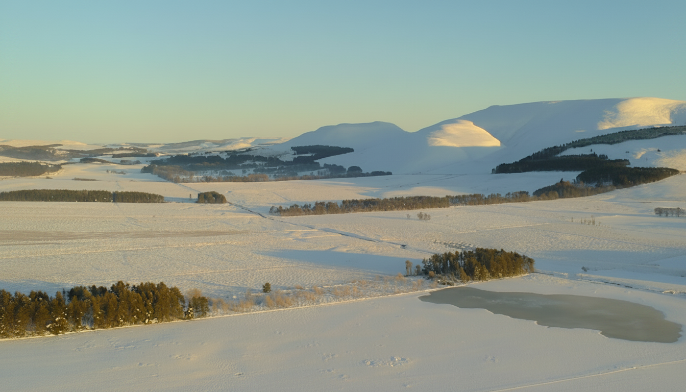 The South Medwin valley floor looking east, fields and hills stretching into the distance